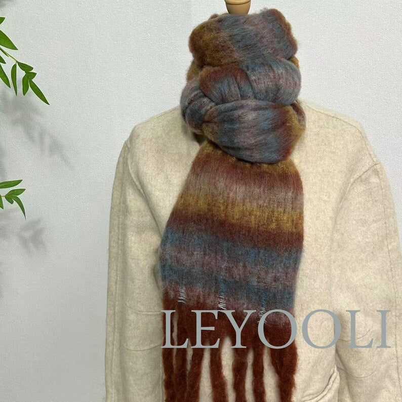 Mohair Gradient Plaid Scarf | Warm Winter Shawl with Tassels