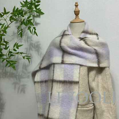 Purple Plaid Mohair Scarf | Winter Tassel Shawl