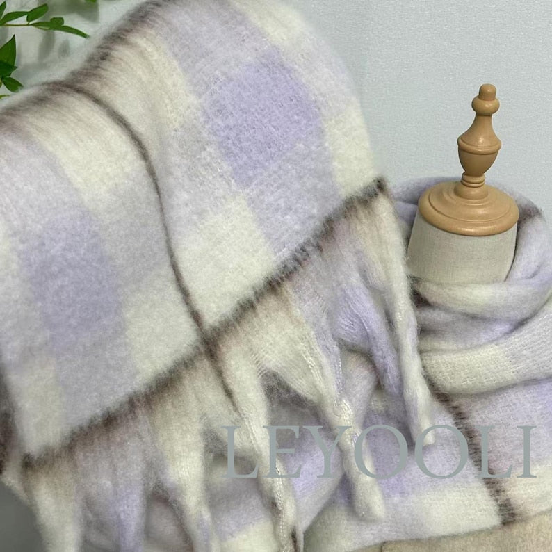 Purple Plaid Mohair Scarf | Winter Tassel Shawl