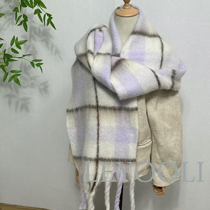 Purple Plaid Mohair Scarf | Winter Tassel Shawl