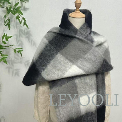 Mohair Plaid Scarf | Gray-Black Gradient, Warm Winter Shawl