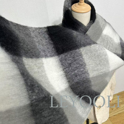 Mohair Plaid Scarf | Gray-Black Gradient, Warm Winter Shawl