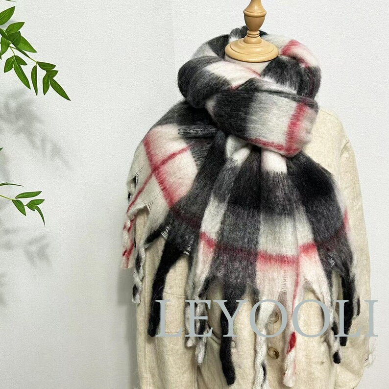 Vintage Red Plaid Mohair Scarf | Warm Winter Neck Wrap