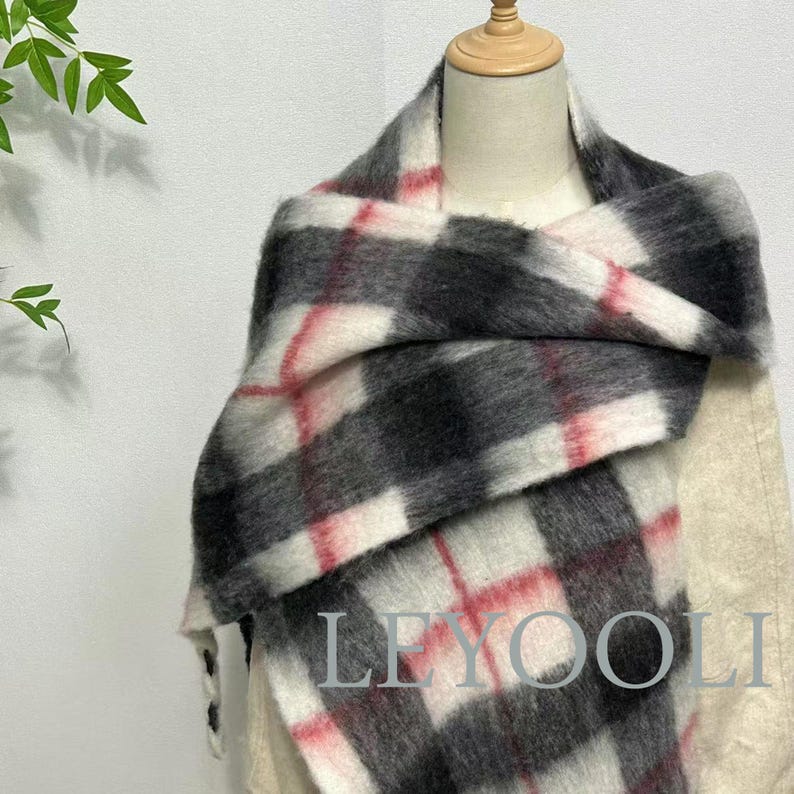 Vintage Red Plaid Mohair Scarf | Warm Winter Neck Wrap