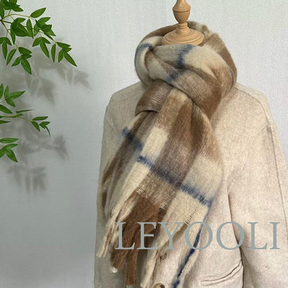 Vintage Mohair Plaid Scarf | Soft Brown Winter Shawl