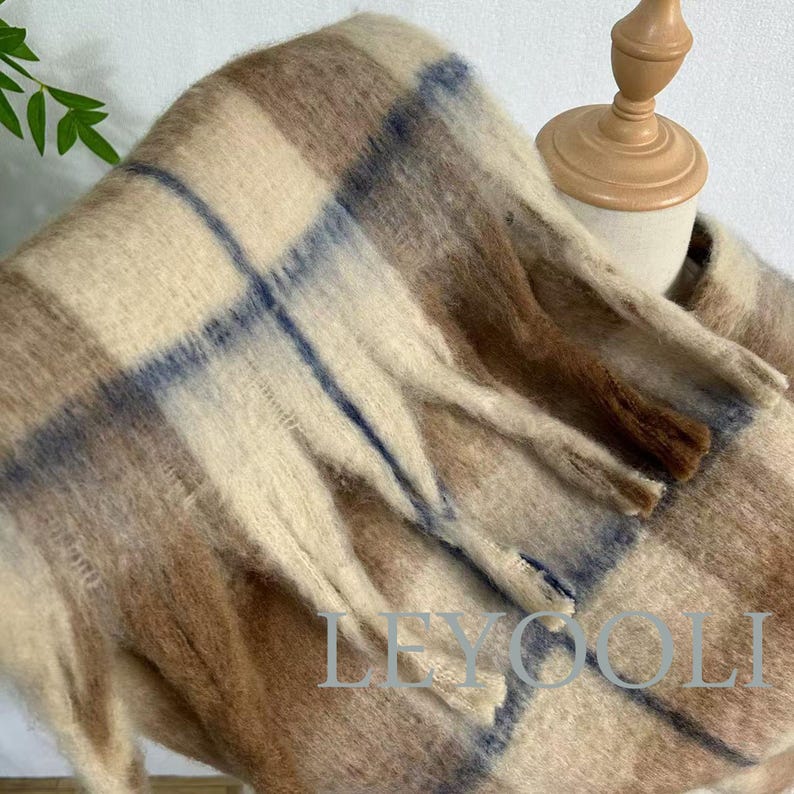 Vintage Mohair Plaid Scarf | Soft Brown Winter Shawl