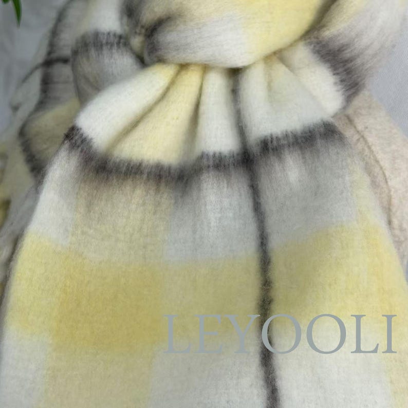 Soft Yellow Plaid Mohair Scarf | Cozy Winter Shawl