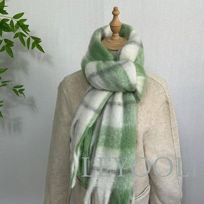 Green Plaid Mohair Scarf, Tassel Fringe, Winter Accessories