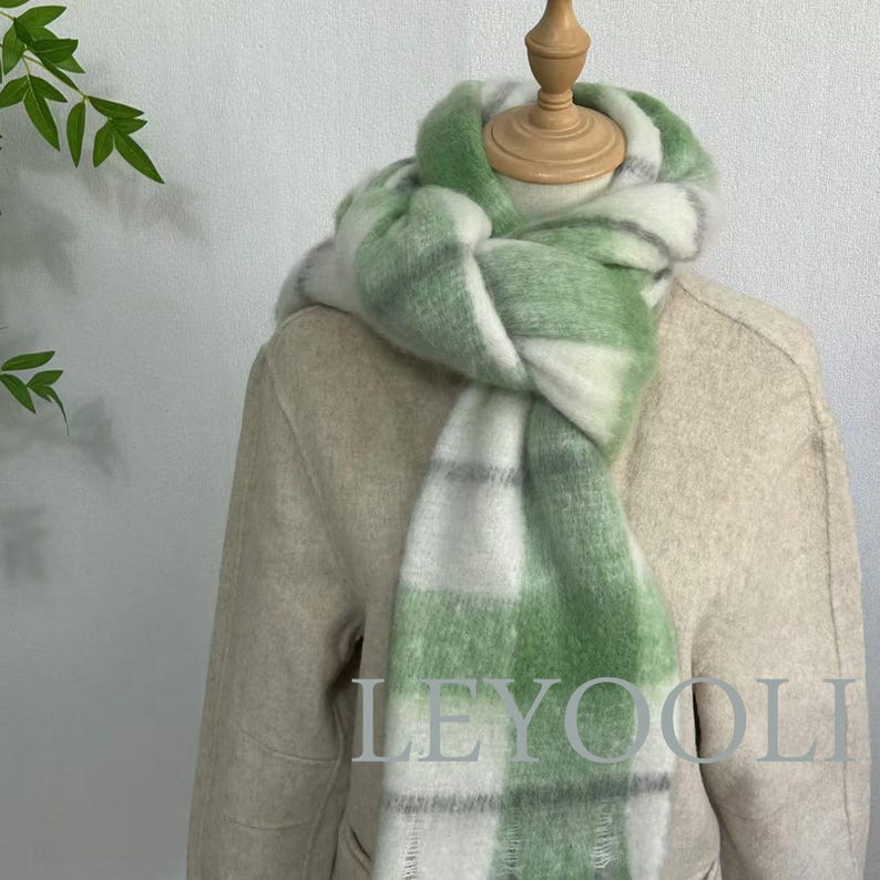 Green Plaid Mohair Scarf, Tassel Fringe, Winter Accessories