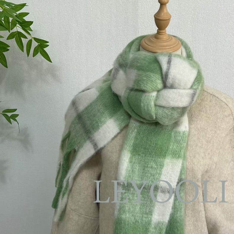 Green Plaid Mohair Scarf, Tassel Fringe, Winter Accessories