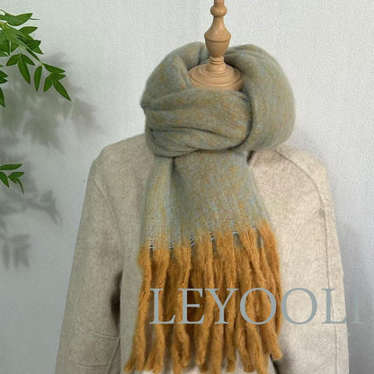 Elegant Mohair Scarf - Muted Blue & Mustard Fringe, Soft Cozy Winter Wrap