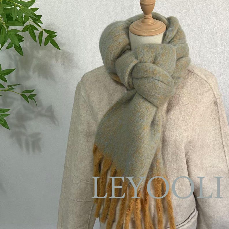 Elegant Mohair Scarf - Muted Blue & Mustard Fringe, Soft Cozy Winter Wrap