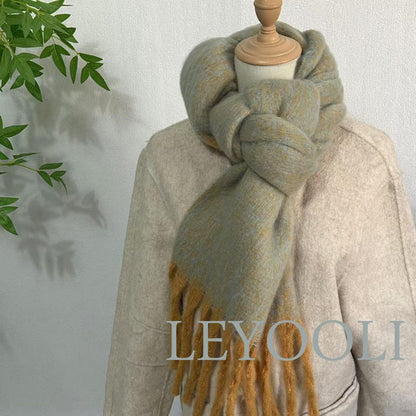 Elegant Mohair Scarf - Muted Blue & Mustard Fringe, Soft Cozy Winter Wrap