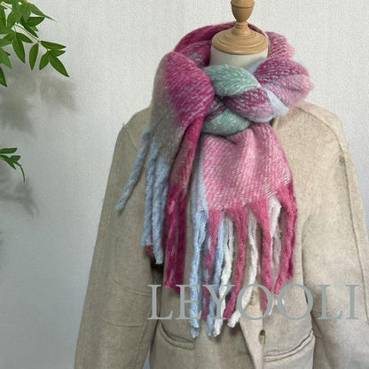 Gradient Plaid Mohair Scarf, Fringed Pastel Scarf