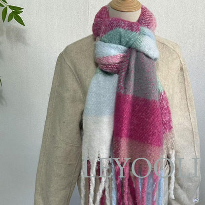 Gradient Plaid Mohair Scarf, Fringed Pastel Scarf