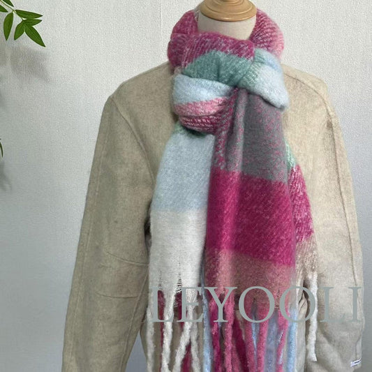 Gradient Plaid Mohair Scarf, Fringed Pastel Scarf