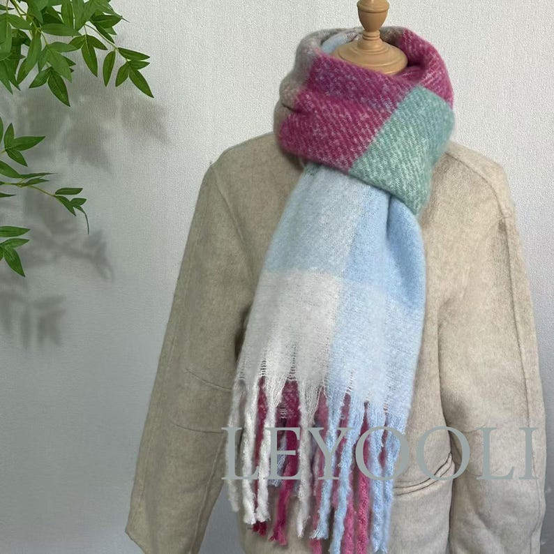 Gradient Plaid Mohair Scarf, Fringed Pastel Scarf