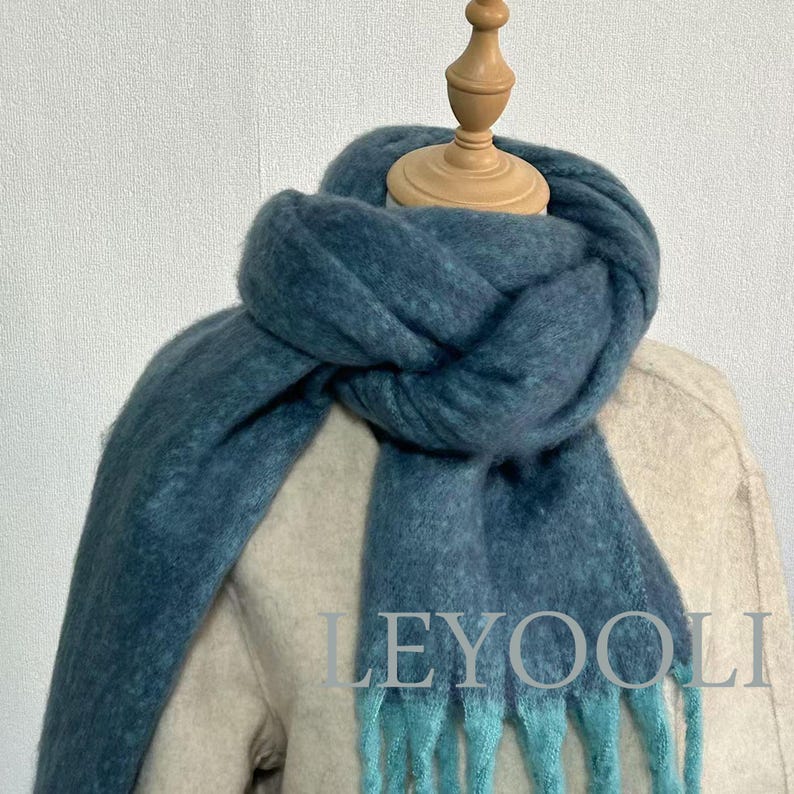 Handmade Gradient Plaid Mohair Scarf: Fuzzy Tassel Winter Shawl