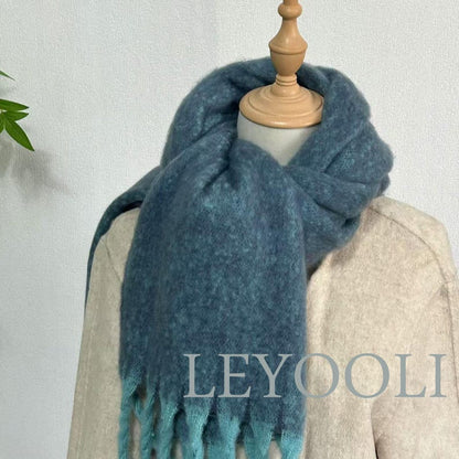 Handmade Gradient Plaid Mohair Scarf: Fuzzy Tassel Winter Shawl