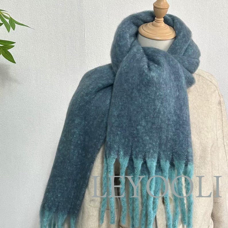 Handmade Gradient Plaid Mohair Scarf: Fuzzy Tassel Winter Shawl