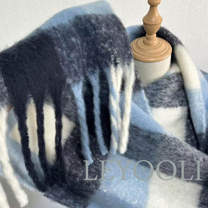 Blue Gradient Plaid Mohair Scarf: Winter Wool Shawl with Tassels