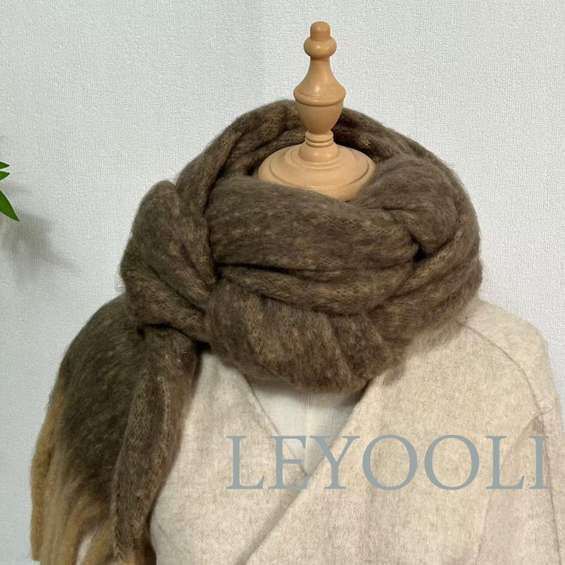 Handmade Mohair Scarf: Brown Gradient Plaid, Oversized Winter Wrap