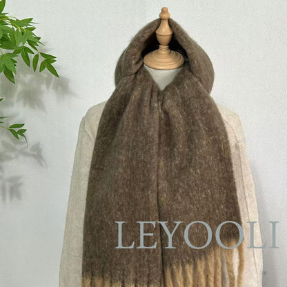 Handmade Mohair Scarf: Brown Gradient Plaid, Oversized Winter Wrap