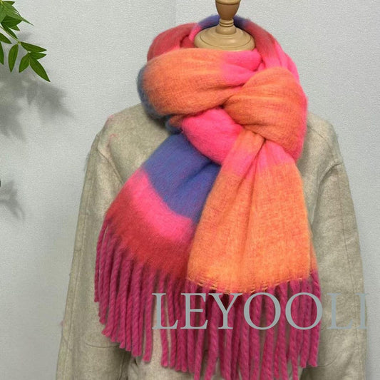 Handmade Mohair Wool Scarf | Colorful Gradient with Fringe
