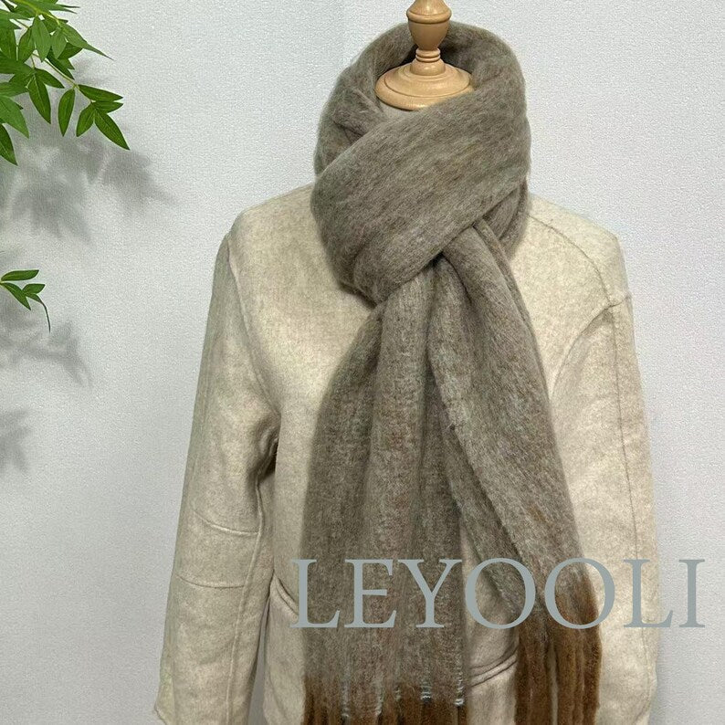 Mohair Wool Scarf | Vintage Brown Gradient Shawl with Fringes