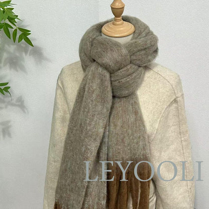 Mohair Wool Scarf | Vintage Brown Gradient Shawl with Fringes