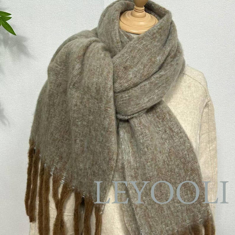 Mohair Wool Scarf | Vintage Brown Gradient Shawl with Fringes