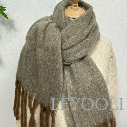 Mohair Wool Scarf | Vintage Brown Gradient Shawl with Fringes
