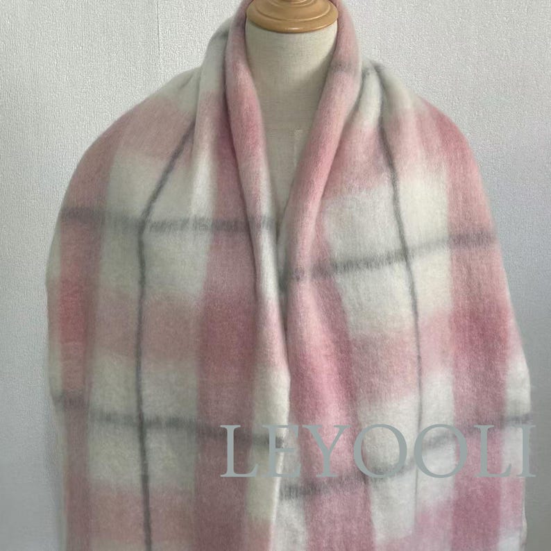 Pink Plaid Mohair Scarf: Winter Warm Shawl