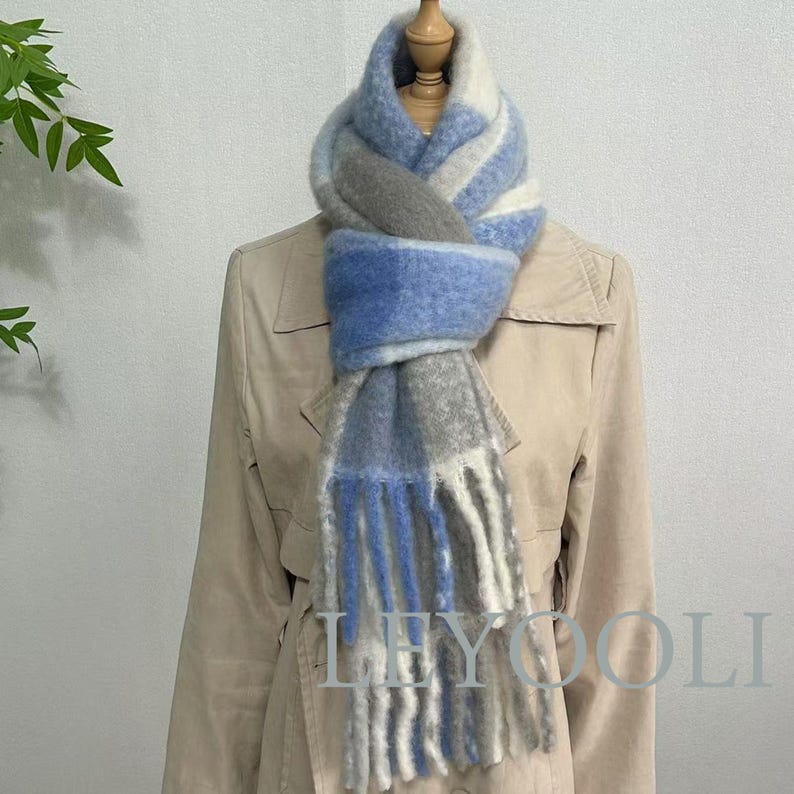 Blue Plaid Wool Scarf: Fringed Winter Shawl