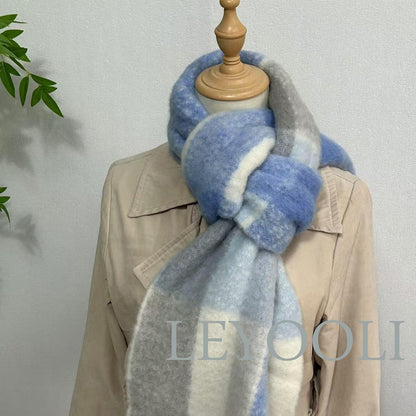 Blue Plaid Wool Scarf: Fringed Winter Shawl