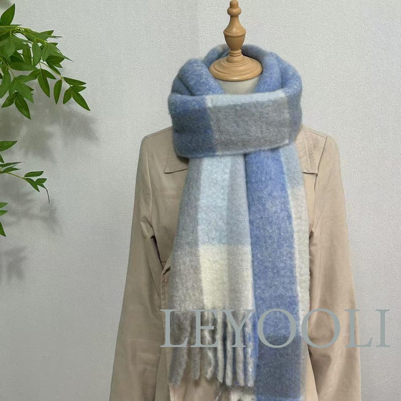 Blue Plaid Wool Scarf: Fringed Winter Shawl