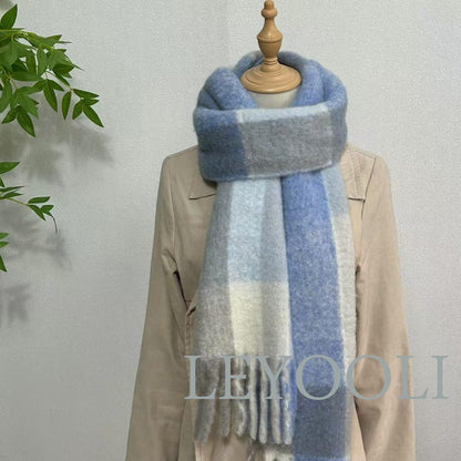Blue Plaid Wool Scarf: Fringed Winter Shawl