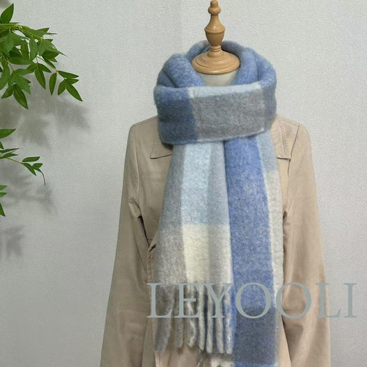 Blue Plaid Wool Scarf: Fringed Winter Shawl