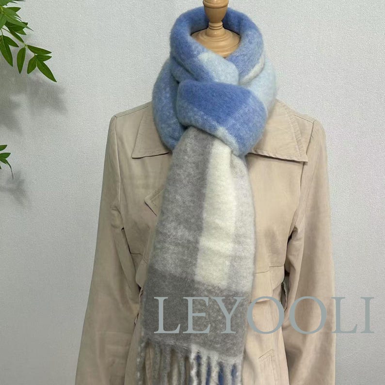 Blue Plaid Wool Scarf: Fringed Winter Shawl