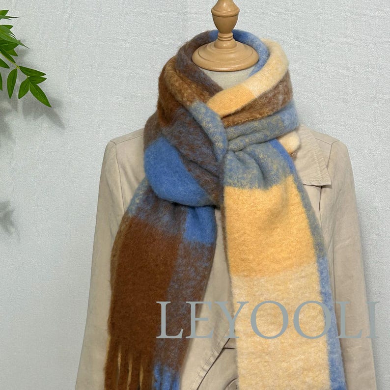 Blue Gray Plaid Wool Blend Scarf, Warm Winter Shawl