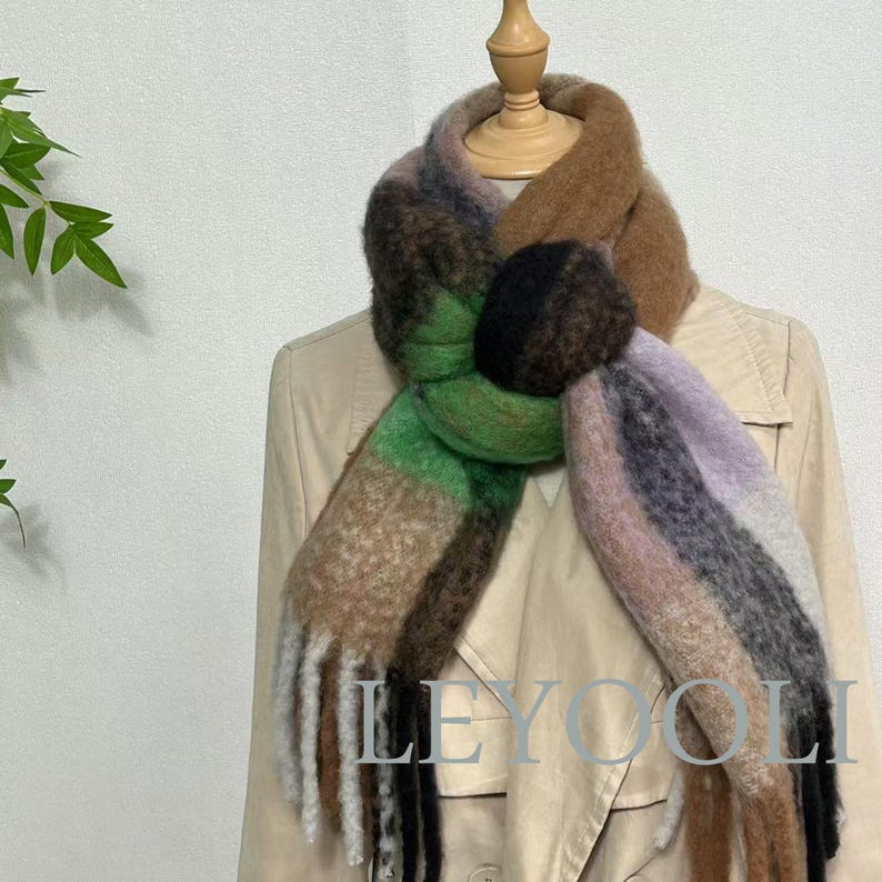 Wool Mohair Blend Plaid Scarf, Winter Warm Shawl