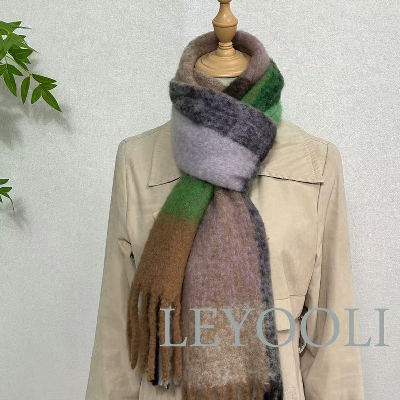 Wool Mohair Blend Plaid Scarf, Winter Warm Shawl