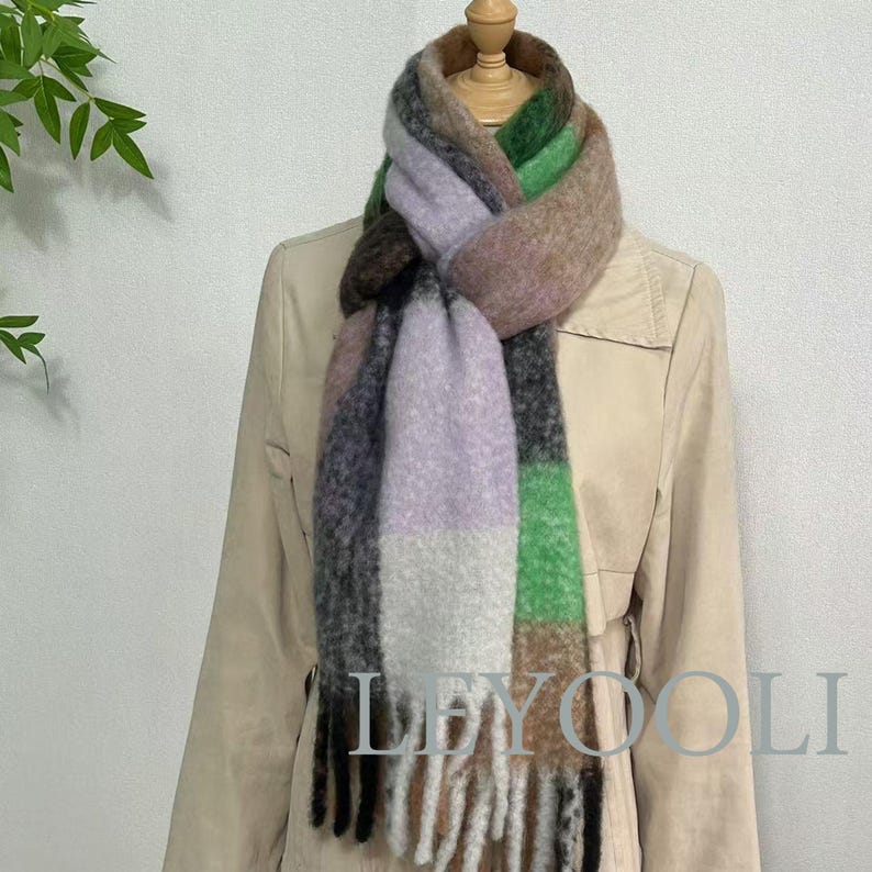 Wool Mohair Blend Plaid Scarf, Winter Warm Shawl
