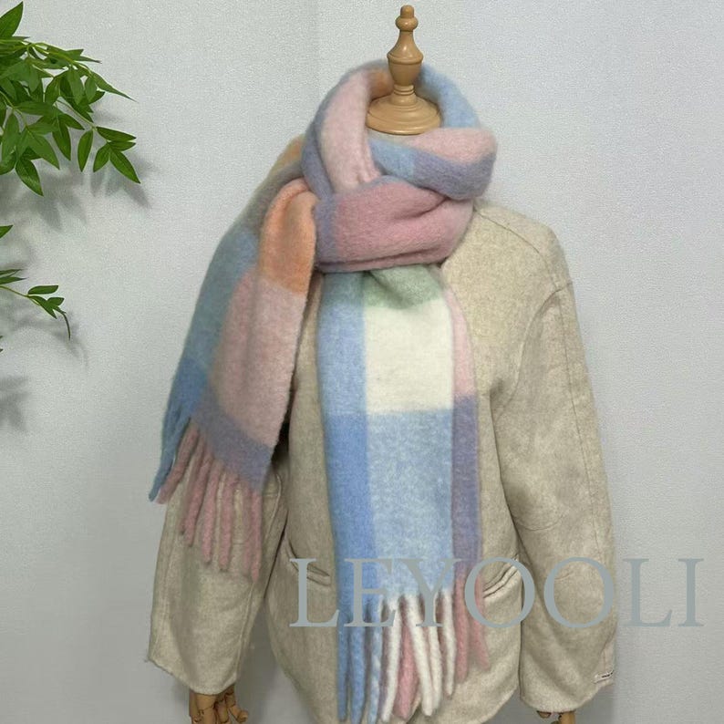 Powder Blue Plaid Wool Mohair Scarf: Color Block Winter Fashion