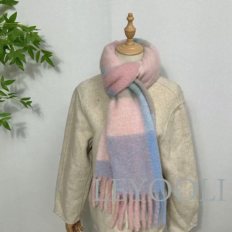 Powder Blue Plaid Wool Mohair Scarf: Color Block Winter Fashion