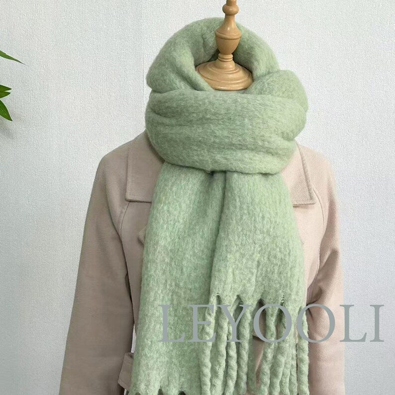 Matcha Green Wool Blend Scarf: Winter Shawl with Fringe