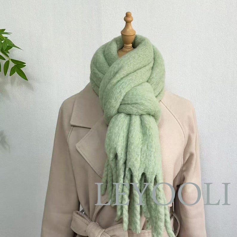 Matcha Green Wool Blend Scarf: Winter Shawl with Fringe