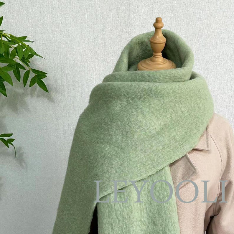 Matcha Green Wool Blend Scarf: Winter Shawl with Fringe