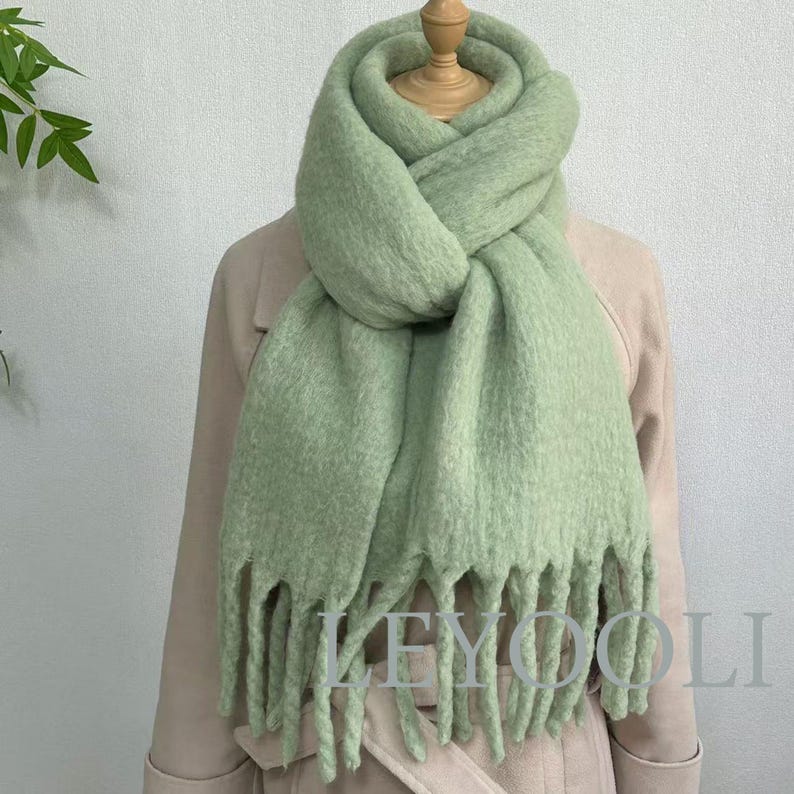 Matcha Green Wool Blend Scarf: Winter Shawl with Fringe