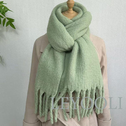 Matcha Green Wool Blend Scarf: Winter Shawl with Fringe